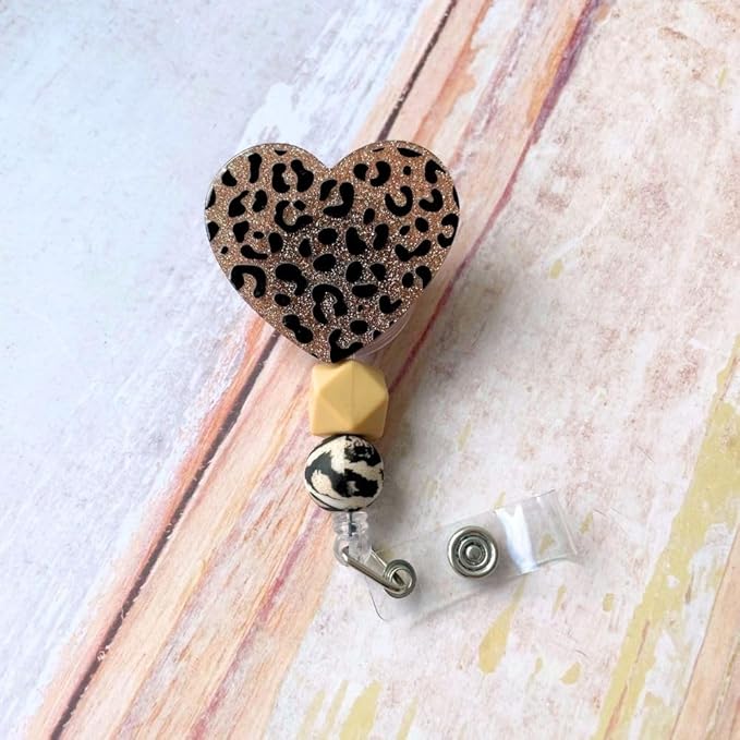 Cheetah Leopard Heart Badge Reel Holder ID Name Retractable Clip Lanyard with Cute Beaded Print Bengals Zoo Keeper Glitter Bling for Nurse Nurses CNA CMA Nursing Healthcare Golden Supplies