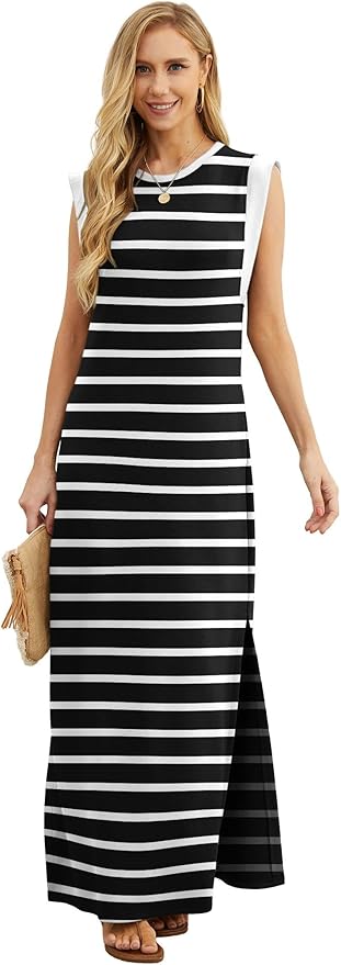 GRECERELLE 2026 Women Year-Round Casual Round Neck Loose Split Wrinkle-Free Long Maxi Vacation Dress with Pockets (XXS-4XL)