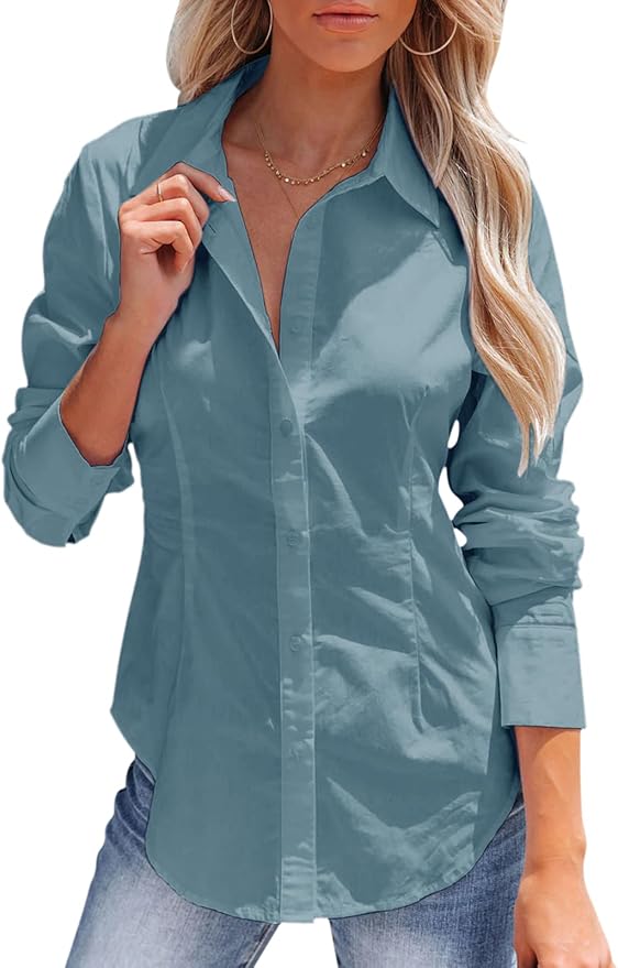 siliteelon Women's Button Down Shirts Long Sleeve Dress Shirts Wrinkle Free Collared Work Office Solid Blouses Corset Tops