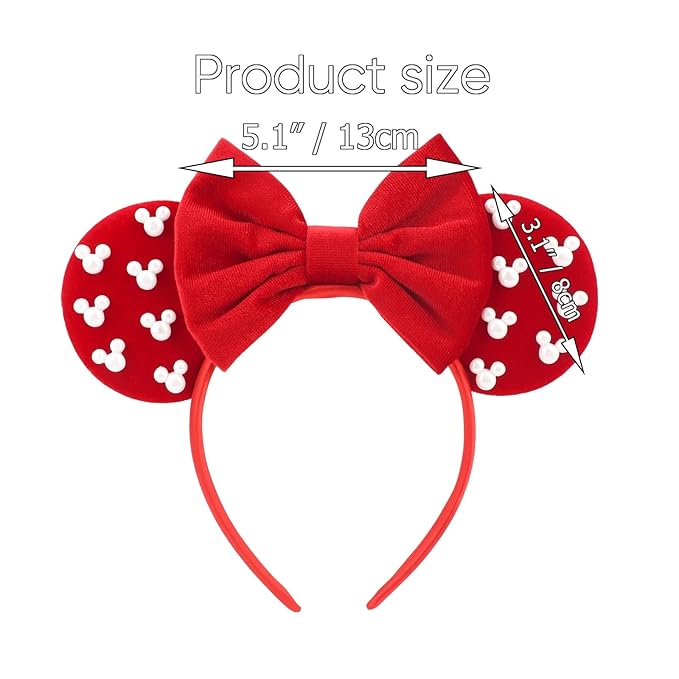 DRESHOW Mouse Ears Headbands for Women Pearl Hairbands Bow Head Bands Velvet Head Band Christmas Cosplay Costume Princess Party Decorations Halloween & Disney Trip