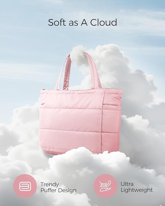 Moyad Puffy Tote Bag for Women with Zipper, Lightweight Quilted Bags Shoulder Handbag for Work, Travel, Gym, Nurse, Teacher