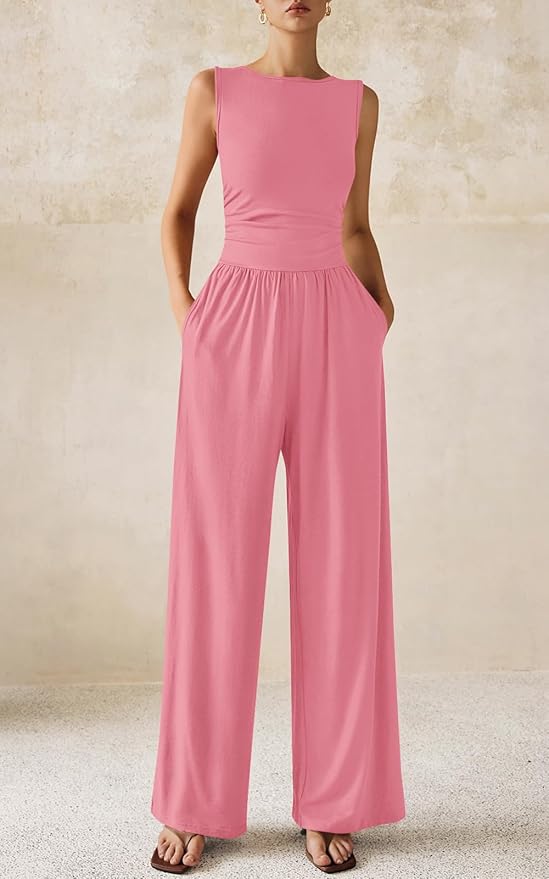 PRETTYGARDEN One Piece Jumpsuits for Women Dressy Casual Sleeveless Crewneck Wide Leg Rompers Jumpers Vacation Summer Outfits
