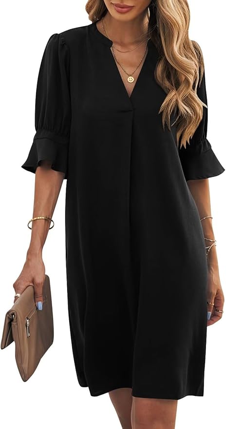 Wkior Shift Dress for Women V Neck Short Sleeves Solid Color Casual Flowy Summer Dresses(S-2XL)