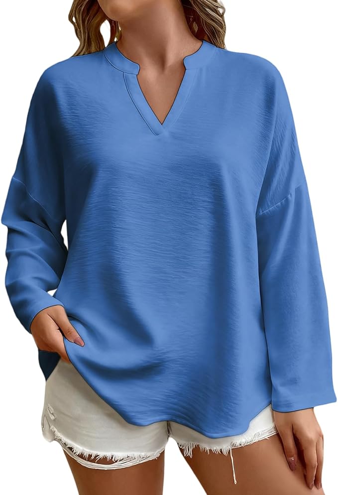Elegant Shirts for Women Solid Color Long Sleeve V Neck Blouses Loose Comfy Business Work Casual Pullover Tops