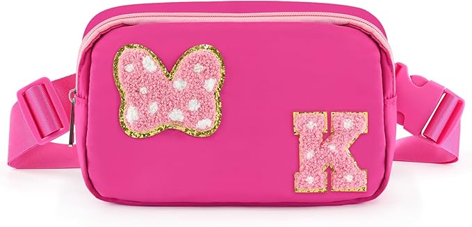 Chenille Initial Letter Bow Mouse Fanny Pack, Waterproof Park Crossbody Bag Christmas Birthday Gifts for Teen Girls Daughter Women Kids Adults, Cute Belt Bag Must Haves for Park Travel (K, Rose Red)