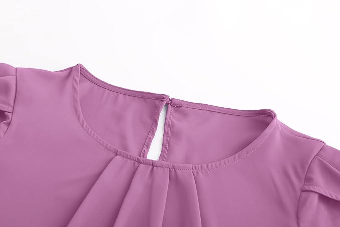 TASAMO Women's Casual Round Neck Basic Pleated Top Cap Sleeve Curved Keyhole Back Chiffon Blouse