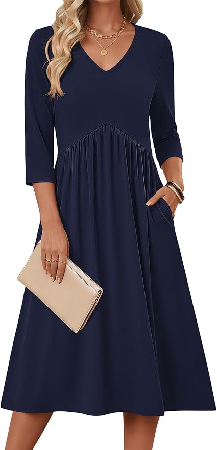ZEAGOO 3/4 Sleeve Women's Dress Casual Flowy A-Line Midi Tshirt Dresses with Pocket Empire Waist Summer Boho Beach Sundress