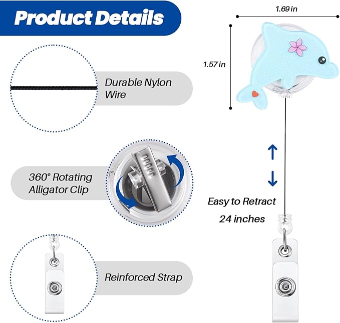 Funny Dolphin Nurse Badge Reel, Cute Retractable ID Card Pediatric Badge Holder, Name Tag Medical Badge Clip for RN CNA LPN MA OB/GYN Peds Nurse Nursing Student Doctor Teacher Medical School Workers