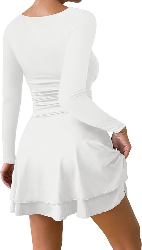 IWD Women's Square Neck Long Sleeve Mini Dress Ruched Corset Waist Tiered Ruffle Hem A Line Short Party Dresses