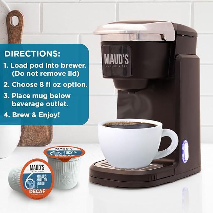 Maud's Decaf Medium Roast Coffee Pods, 18 ct, Decaffeinated Coffee in Recyclable Single Serve Pods – 100% Arabica Coffee, Compatible with Keurig K Cups Maker
