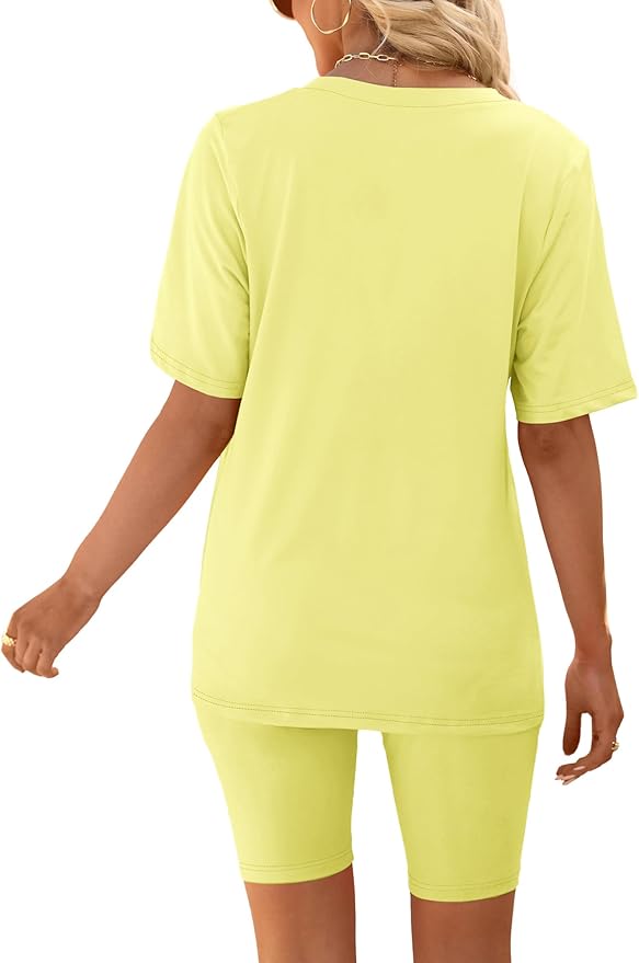 AGSEEM Two Piece Outfits For Women Summer V Neck T-Shirt Tops Biker Shorts Workout Sports Tracksuit