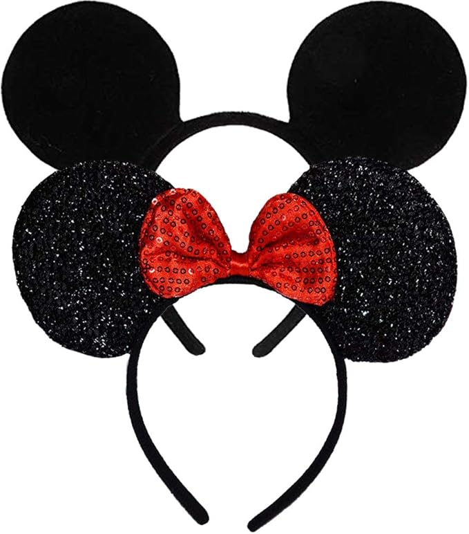 FANYITY Mouse Ears Headbands Sequin Hair Band for Girls Women Boys Party, 2 Pieces (RED&BLACK)