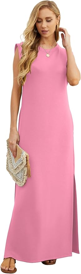 GRECERELLE 2026 Women Year-Round Casual Round Neck Loose Split Wrinkle-Free Long Maxi Vacation Dress with Pockets (XXS-4XL)