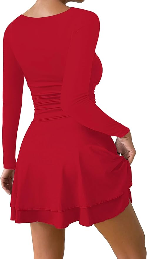 IWD Women's Square Neck Long Sleeve Mini Dress Ruched Corset Waist Tiered Ruffle Hem A Line Short Party Dresses