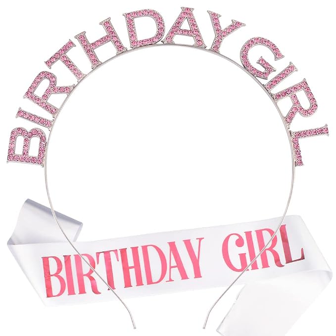 AOPRIE Birthday Girl Crown for Women with Sash White Pink Happy Birthday Tiara for Women Headband Princess Crown Rhinestone Accessories