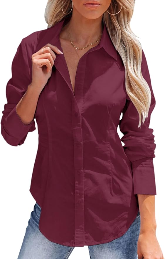 siliteelon Women's Button Down Shirts Long Sleeve Dress Shirts Wrinkle Free Collared Work Office Solid Blouses Corset Tops