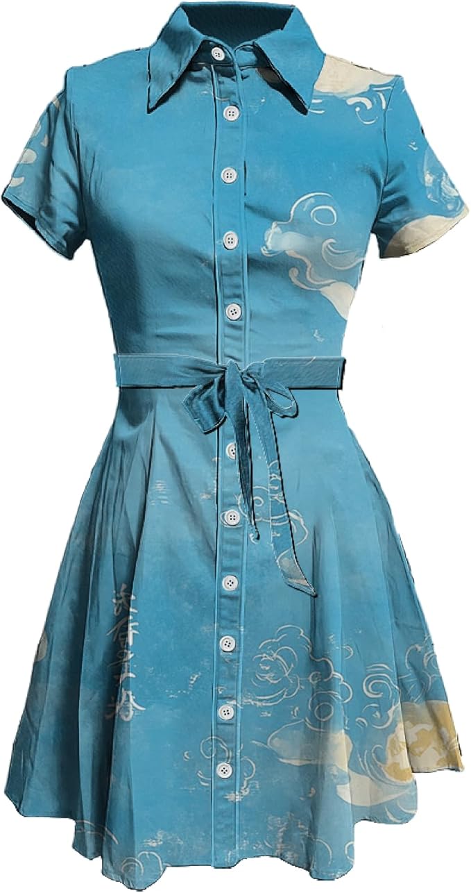 MARSVOVO Cute T Shirt Dress for Women Short Sleeve Button Up Tie Waist Elegant Casual Collared Smocked Midi Dress