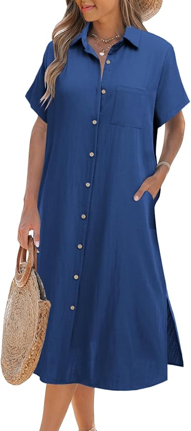Zeagoo Women Dresses Summer Casual Short Sleeve Button Down Shirt Dresses 2025 Beach Cover Up with Pockets