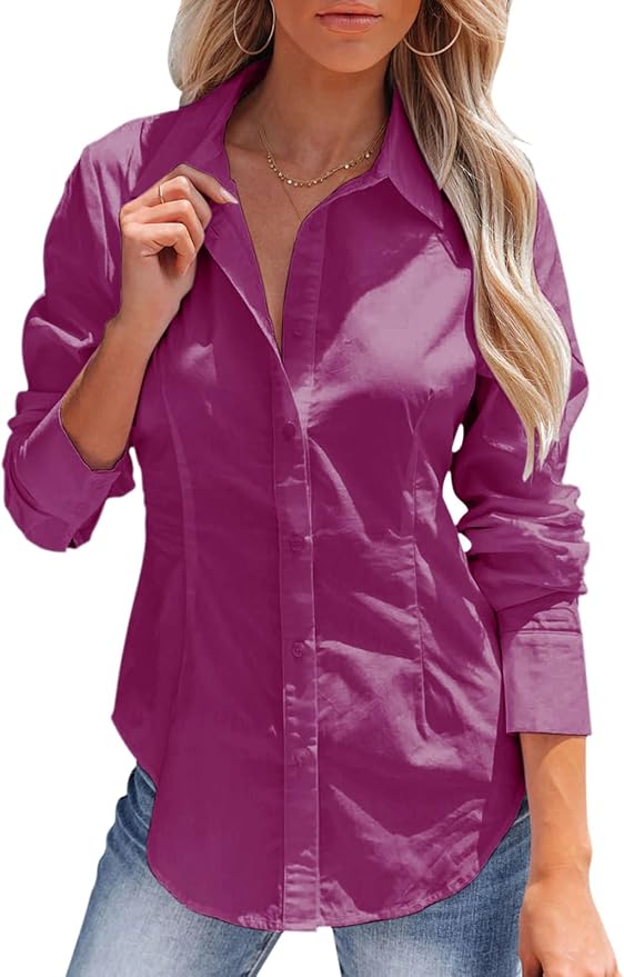 siliteelon Women's Button Down Shirts Long Sleeve Dress Shirts Wrinkle Free Collared Work Office Solid Blouses Corset Tops