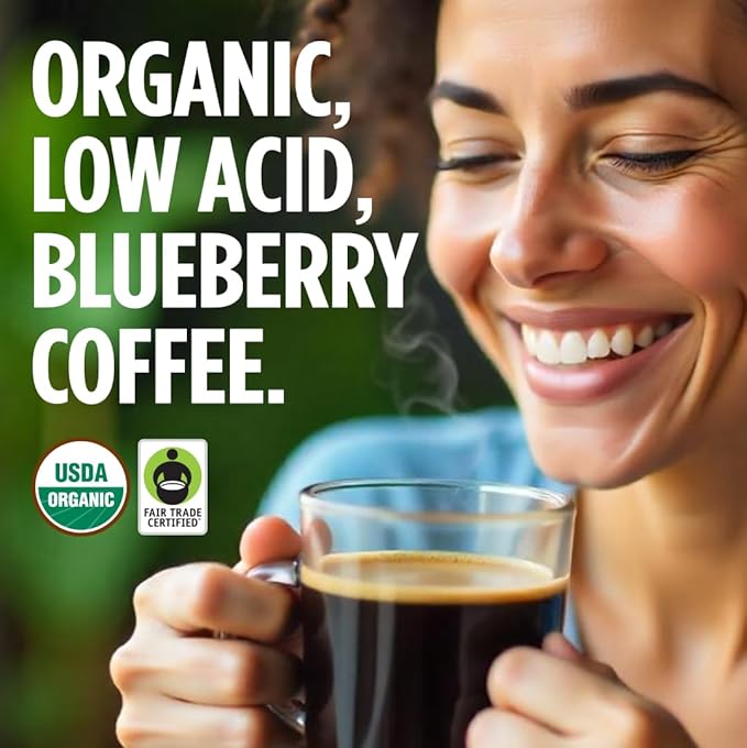 VitaCup Perfect Blueberry Flavored Low Acid Coffee Pods, Organic, Fair Trade, Dark Roast Single Origin from Guatemala, Clean & Pure, Recyclable Single Serve Pods, 32 Ct
