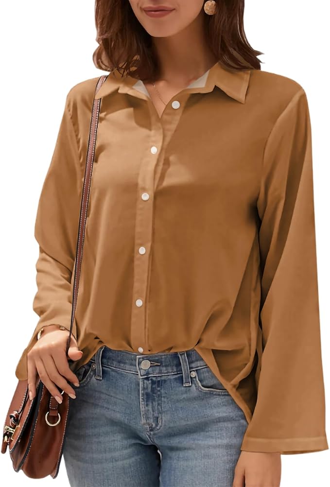 Womens Classic Shirts Casual Button Solid Color Long Sleeve Work Blouse Collared Relaxed Fit Summer Tops