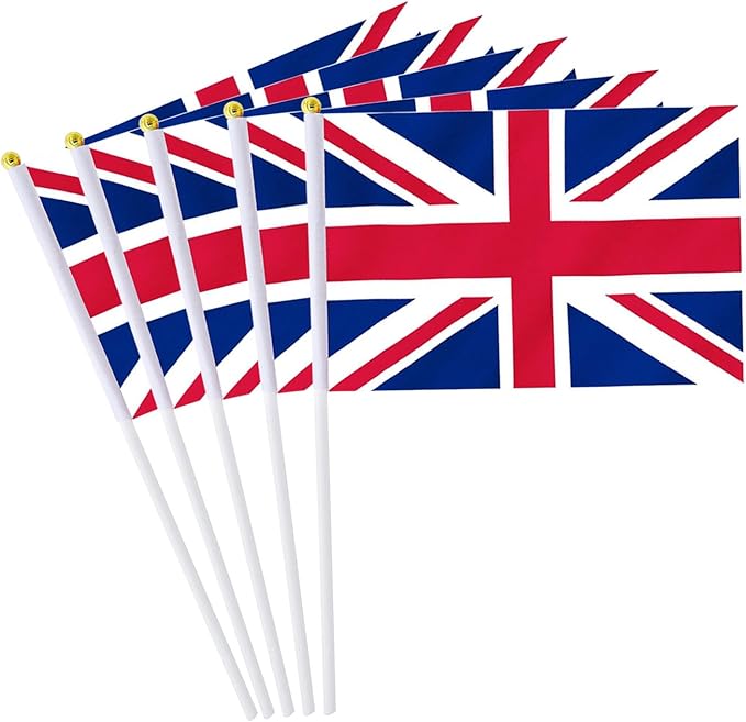 20 Pack Small UK Flags on Stick Mini Handheld United Kingdom Flag for Parades, Independence Day and Patriotic Events 5x8 Inch Durable Weather-Resistant Flags with 12 Inch Sticks(UK)