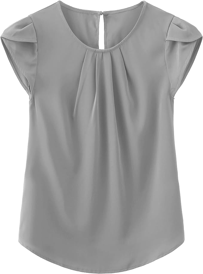 TASAMO Women's Casual Round Neck Basic Pleated Top Cap Sleeve Curved Keyhole Back Chiffon Blouse