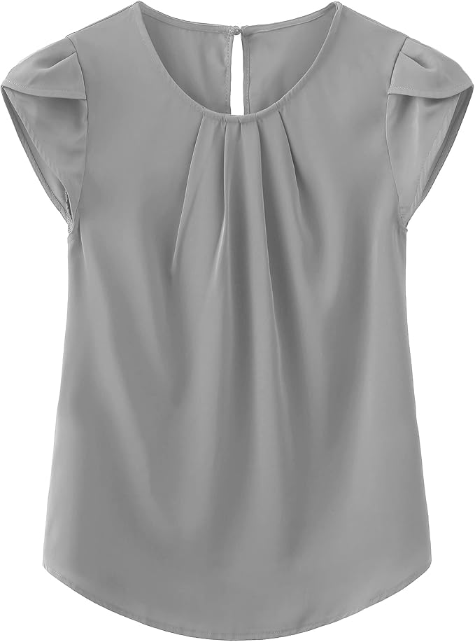 TASAMO Women's Casual Round Neck Basic Pleated Top Cap Sleeve Curved Keyhole Back Chiffon Blouse