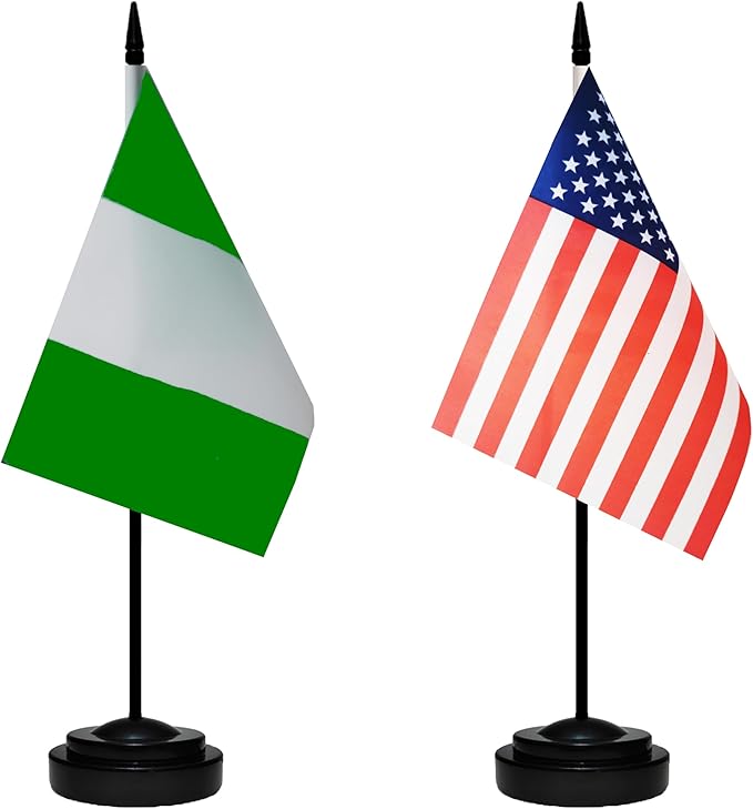 USA American & Nigeria Nigerian Desk Flags, US Nigeria Office Table Flag, Small Mini Miniature Nigerian and US Desktop Flag With 13" Solid Black Pole, Black Base