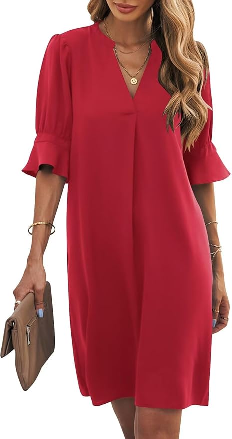 Wkior Shift Dress for Women V Neck Short Sleeves Solid Color Casual Flowy Summer Dresses(S-2XL)