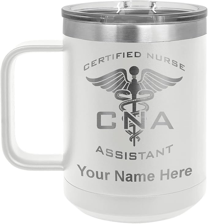 LaserGram 15oz Vacuum Insulated Coffee Mug, CNA Certified Nurse Assistant, Personalized Engraving Included (White)