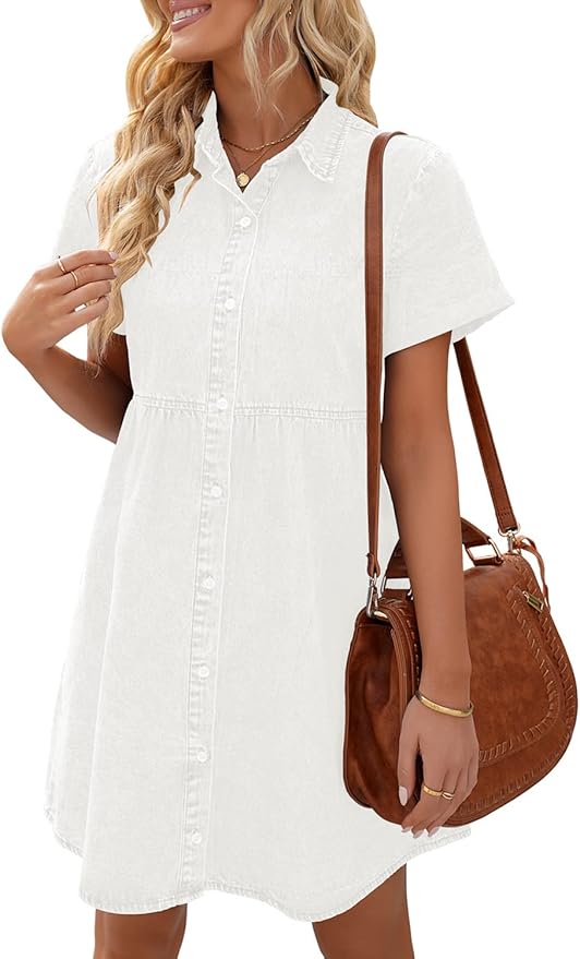 LookbookStore Women's Short Sleeve Button Down Flowy Tiered Babydoll Denim Dress