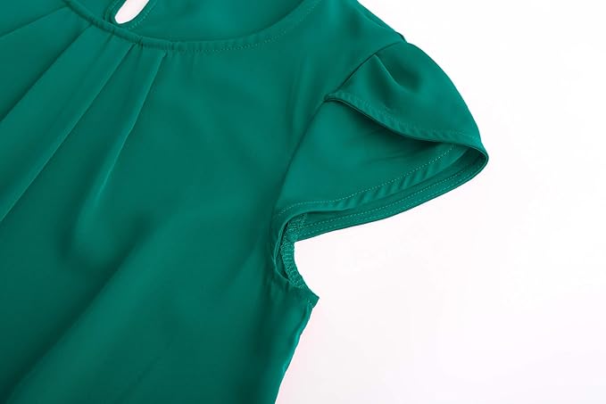 TASAMO Women's Casual Round Neck Basic Pleated Top Cap Sleeve Curved Keyhole Back Chiffon Blouse