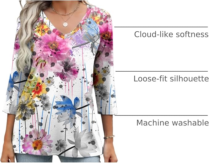 Zeagoo 3/4 Length Sleeve Womens Tops Casual V Neck Shirts Soft Basic Tees Business Work Blouses