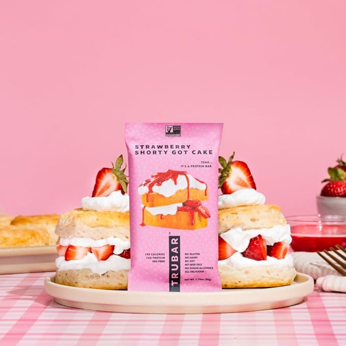 TRUBAR Vegan Protein Bar, Strawberry Shorty Got Cake, Gluten Free, Plant Based Protein, Dairy Free, Non GMO, Soy Free, No Sugar Alcohols, 12G Protein, 12G Fiber, 23G Carb, On the Go Snack Bars, 12 CT
