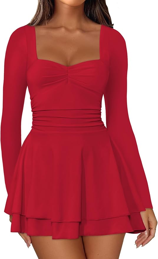 IWD Women's Square Neck Long Sleeve Mini Dress Ruched Corset Waist Tiered Ruffle Hem A Line Short Party Dresses