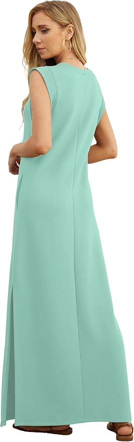 GRECERELLE 2026 Women Year-Round Casual Round Neck Loose Split Wrinkle-Free Long Maxi Vacation Dress with Pockets (XXS-4XL)