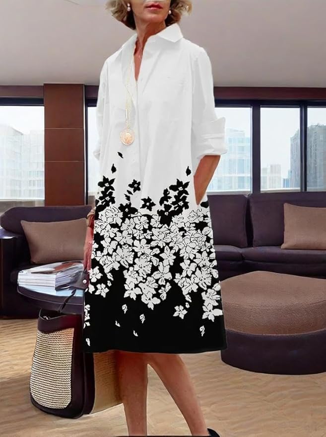Womens 2025 Long Sleeve Button Down Shirt Summer Dress Casual V Neck Loose Fit Midi Shirt Dresses with Pockets