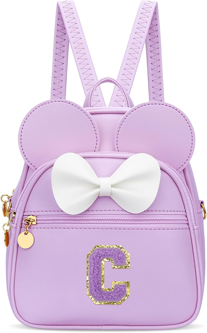 KKXIU Girls Initial Bowknot Cute Mini Backpack for Toddler, Travel Small Girl Backpacks, Personalized Valentine's Day Gifts for Little Girls and Kids(C, Purple)