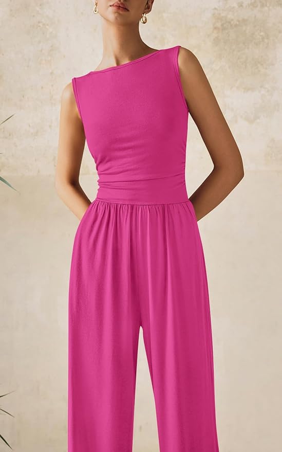 PRETTYGARDEN One Piece Jumpsuits for Women Dressy Casual Sleeveless Crewneck Wide Leg Rompers Jumpers Vacation Summer Outfits