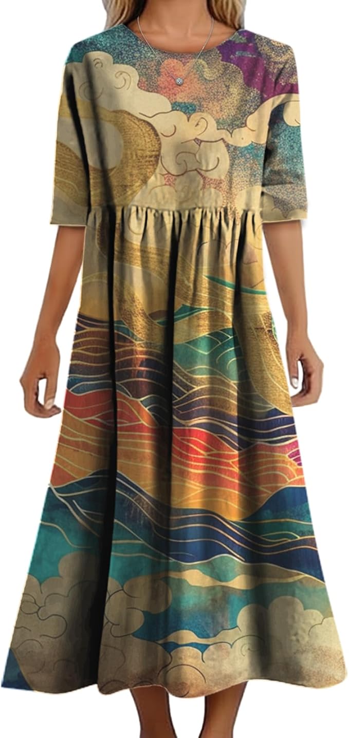 MARSVOVO Trendy Dresses for Women 2025 Classic Fairy Flowy Sundress Relaxed Fit Dress with Side Pockets