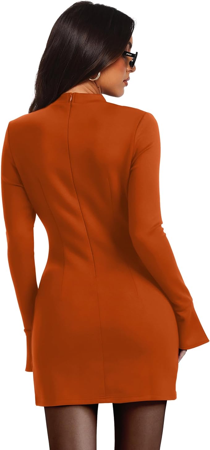 OFEEFAN Women's Fall Long Sleeve Mock Neck Dress Basic Party Club Bodycon Mini Dresses