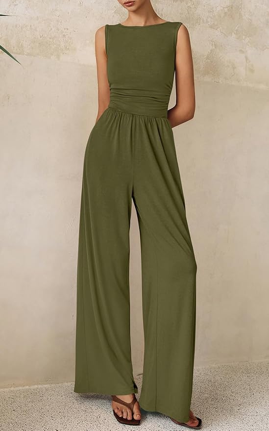 PRETTYGARDEN One Piece Jumpsuits for Women Dressy Casual Sleeveless Crewneck Wide Leg Rompers Jumpers Vacation Summer Outfits