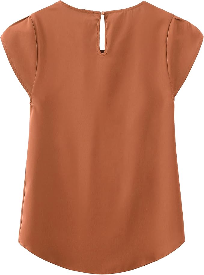 TASAMO Women's Casual Round Neck Basic Pleated Top Cap Sleeve Curved Keyhole Back Chiffon Blouse