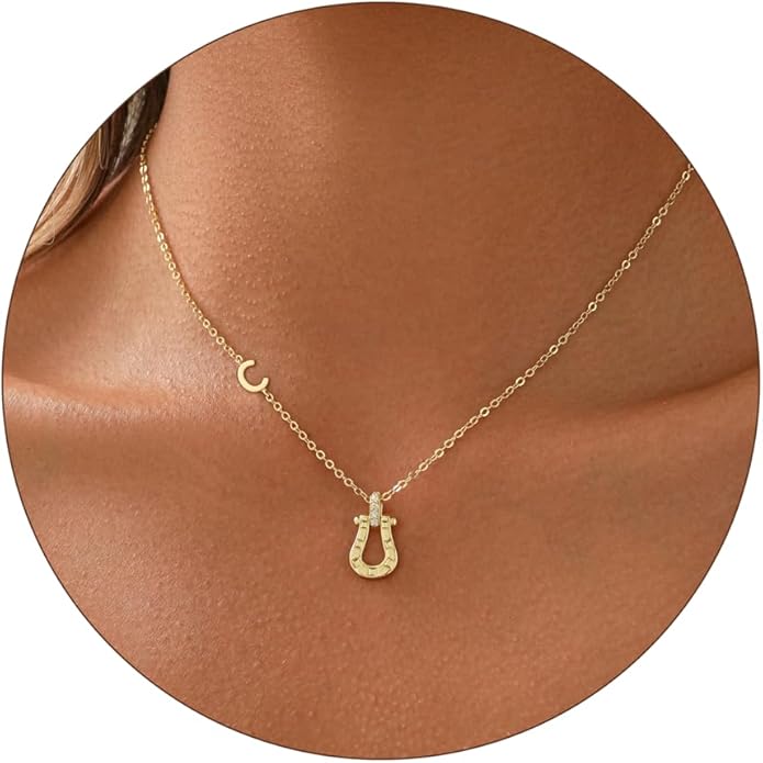 ITS4YEO Valentines Day Gifts for Women Hers, Lucky Horseshoe Initial Necklace, Dainty 14K Gold Plated Pendant Necklace, Trendy Hypoallergenic Jewelry, Gifts for Women and Teen Girls