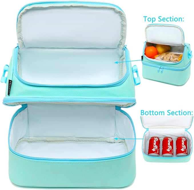 FlowFly Double Decker Cooler Insulated Lunch Bag Large Tote for Boys, Girls, Men, Women, With Adjustable Strap,Light Blue