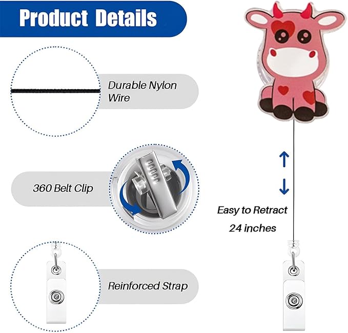 Cute Pink Cow Valentines Badge Reel Holder for Nurse Retractable Badge Reel Holder Name ID Badge Reels Funny Cute Badge Holder with Swivel Alligator Clip for Lover Nurse Doctor Teacher