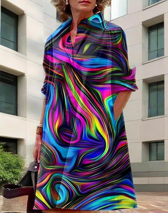 Womens 2025 Long Sleeve Button Down Shirt Summer Dress Casual V Neck Loose Fit Midi Shirt Dresses with Pockets