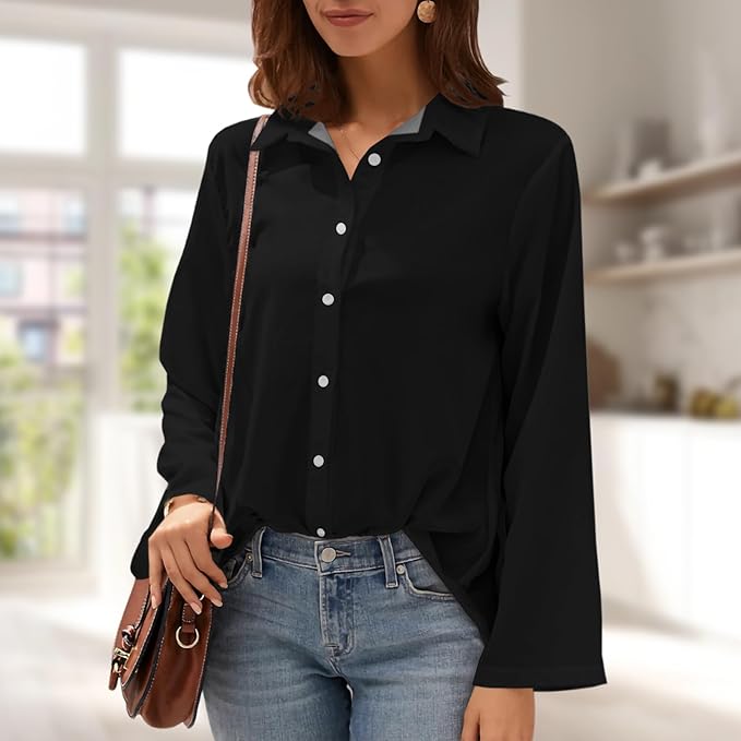Womens Classic Shirts Casual Button Solid Color Long Sleeve Work Blouse Collared Relaxed Fit Summer Tops