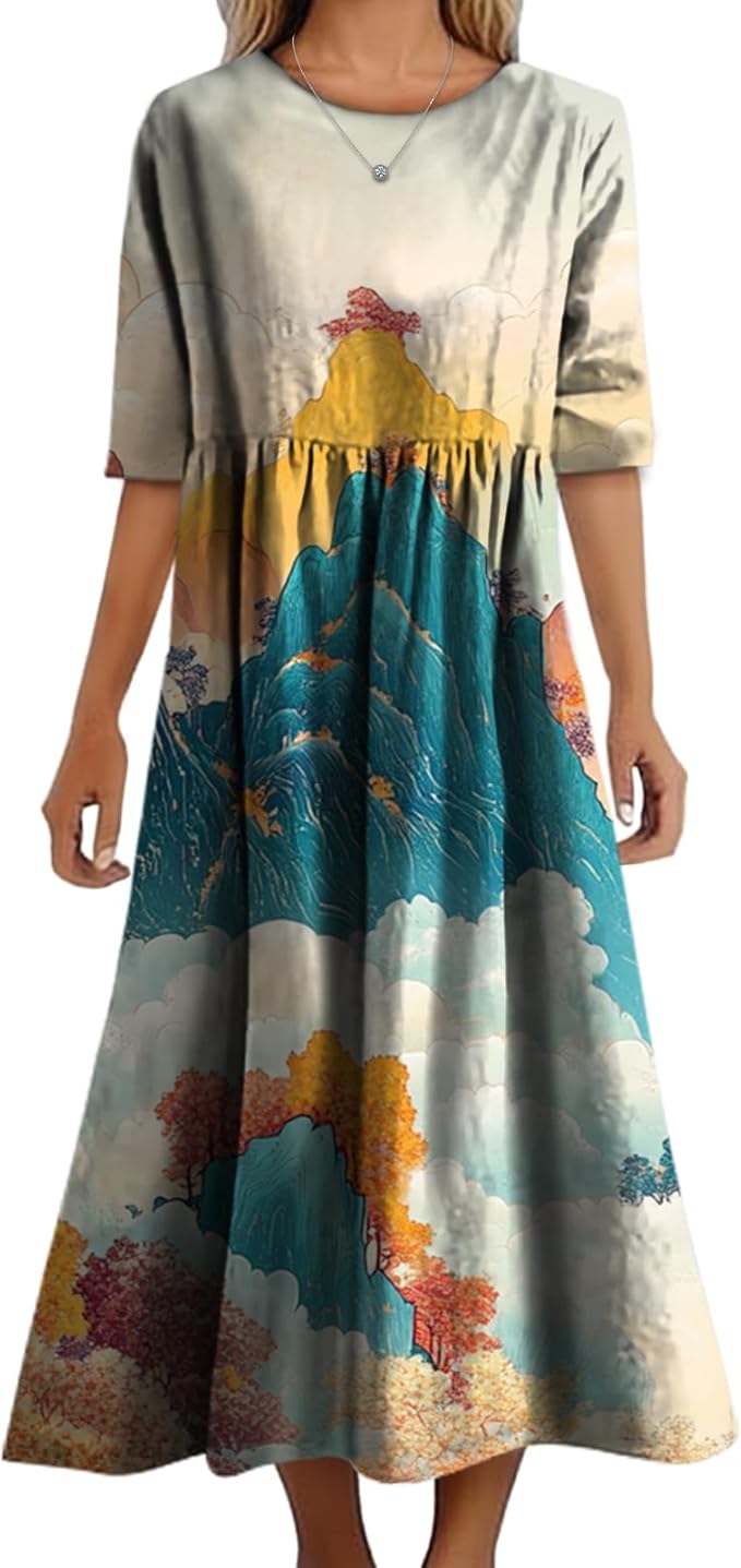 MARSVOVO Trendy Dresses for Women 2025 Classic Fairy Flowy Sundress Relaxed Fit Dress with Side Pockets